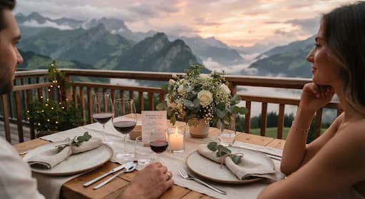 Meja makan malam untuk dua orang di balkon dengan panorama Darajat