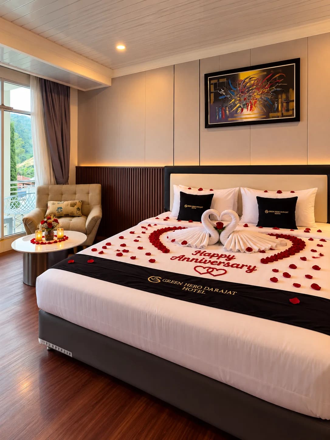 Kamar Hotel Darajat Pass dengan dekorasi bunga dan handuk berbentuk hati untuk anniversary