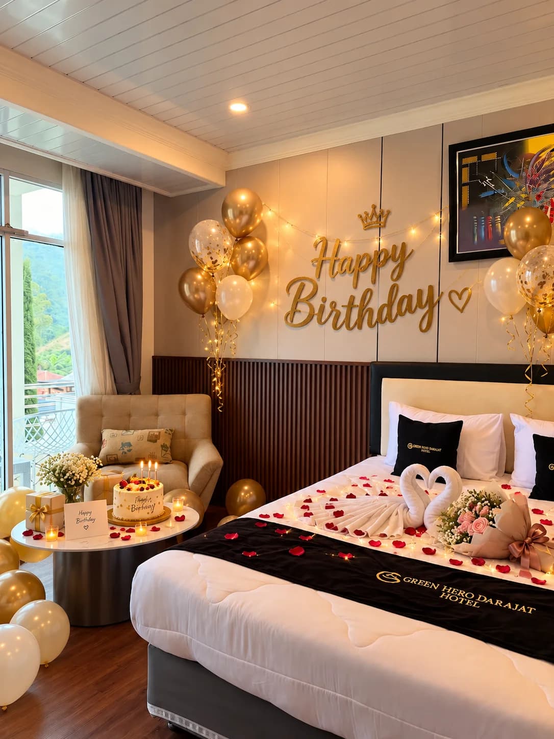 Kamar birthday yang hangat dengan dekorasi natural di Hotel Darajat Pass