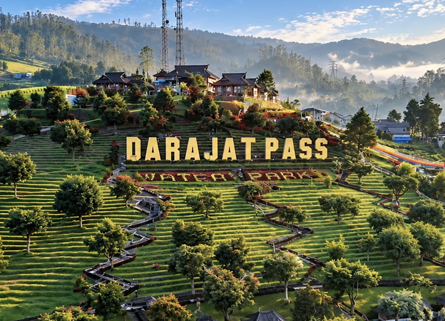 Kawasan Hotel Darajat Pass dan aksesnya di tengah perbukitan hijau