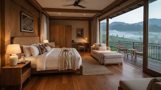 Interior VIP Suite berkayu hangat dengan balkon menghadap perbukitan