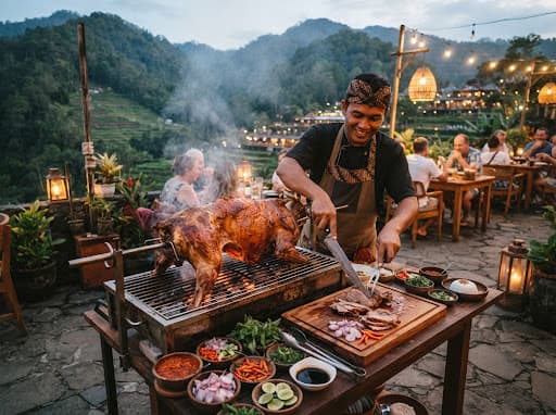 Kambing guling tradisional disiapkan oleh chef di area panggang terbuka