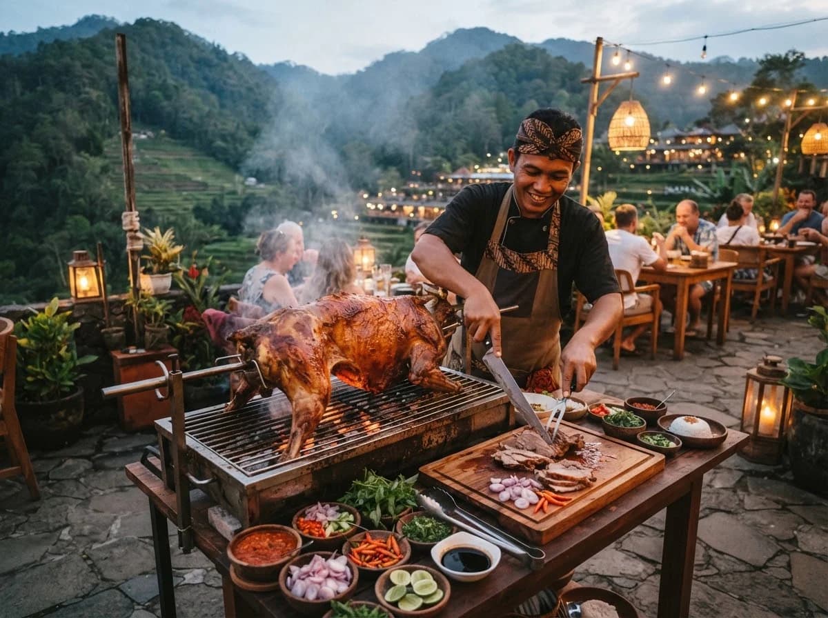 Suasana makan malam outdoor di pegunungan Darajat yang berkabut