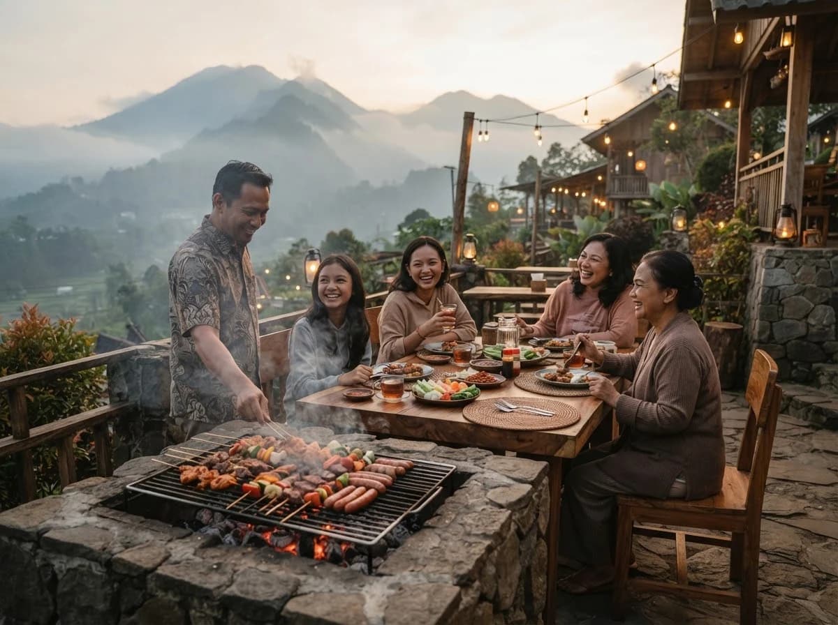 Bara api menyala di area outdoor pegunungan Darajat