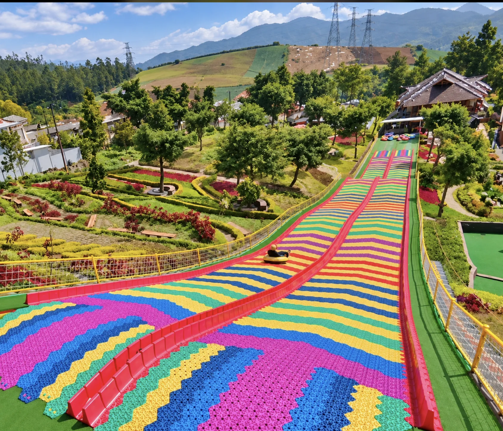 Rainbow slide dengan panorama pegunungan